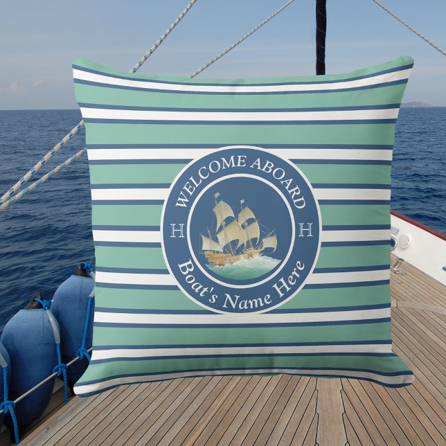 Teal Blue and White Striped Nautical Boat Name  Outdoor Pillow (Creator Uploaded)