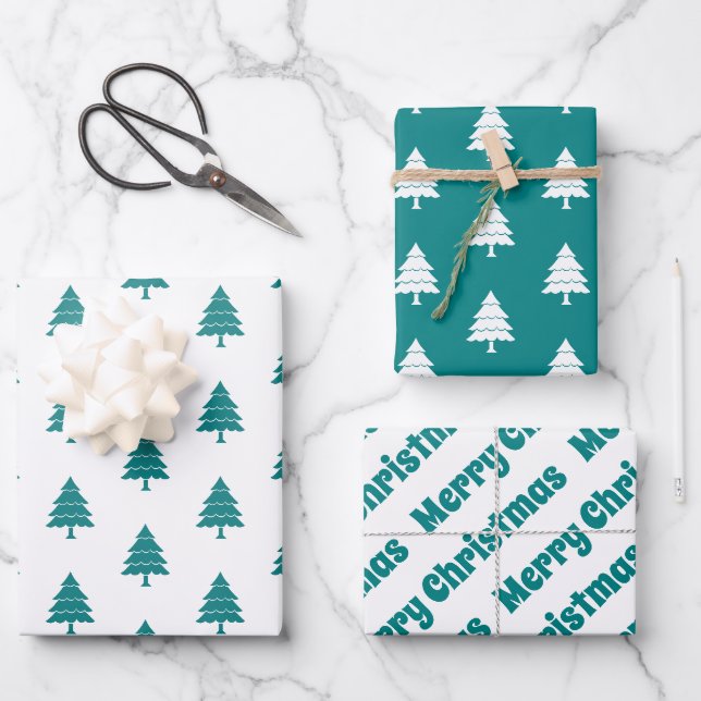 Teal blue and white trees Merry Christmas holiday Wrapping Paper Sheet (Front)