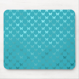 Teal Blue Aqua Butterfly Metallic Faux Foil Mouse Pad