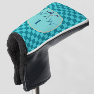 Teal Blue & Aqua Chequered Monogram  Golf Head Cover