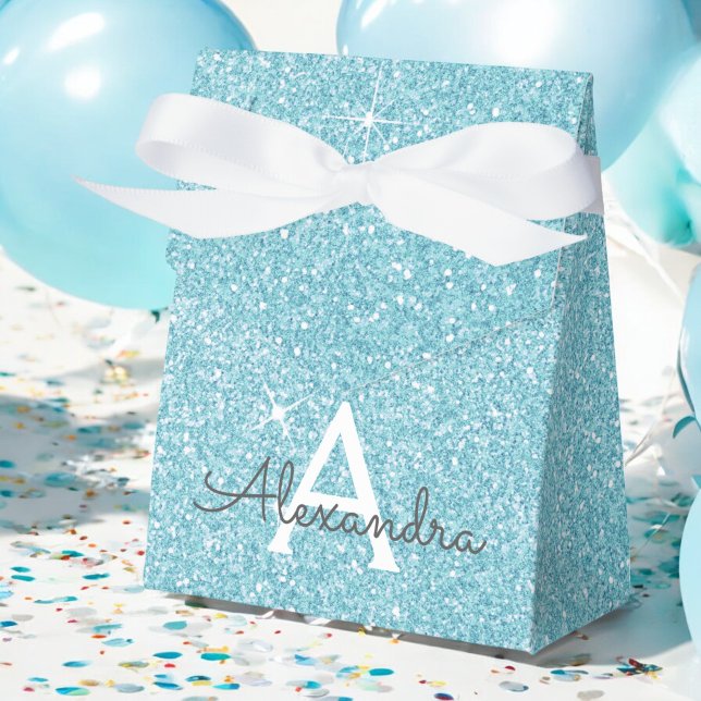 Teal Blue Aqua Glitter & Sparkle Monogram Favor Box (Creator Uploaded)