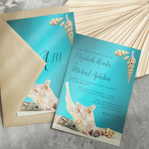 Teal Blue Aqua Seashell Beach Wedding Invitation