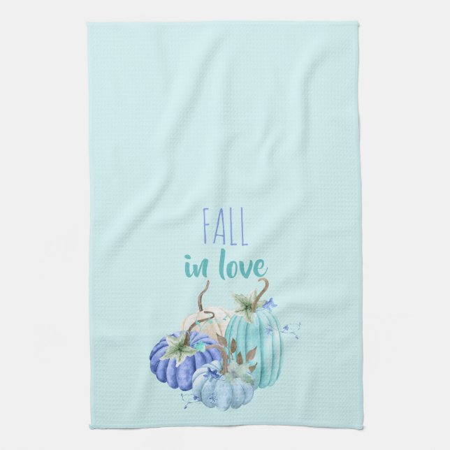 Teal Blue Aqua Taupe Pumpkin Autumn Fall Kitchen Towel (Vertical)