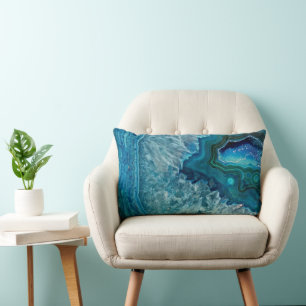 Teal Blue Aqua Turquoise Geode Crystals Pattern Lumbar Pillow