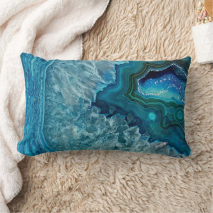 Teal Blue Aqua Turquoise Geode Crystals Pattern Lumbar Pillow