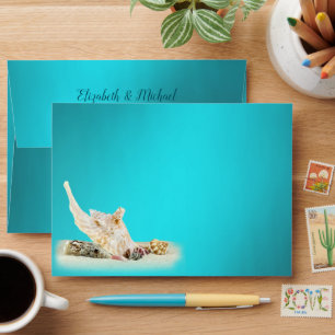 Teal Blue Aqua Turquoise Seashell Beach Wedding Envelope