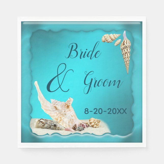 Teal Blue Aqua Turquoise Seashell Beach Wedding Napkin (Front)