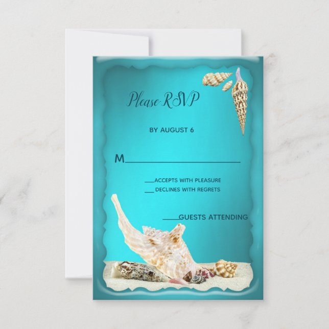 Teal Blue Aqua Turquoise Seashell Wedding RSVP (Front)