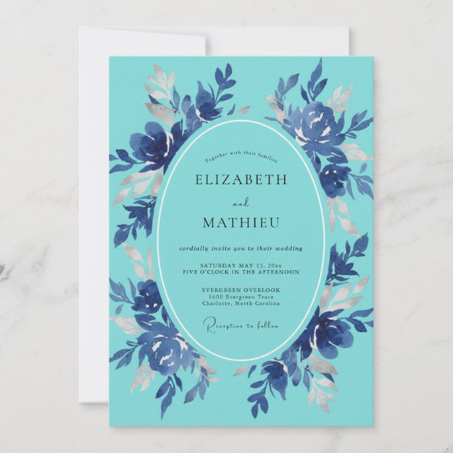 Teal Blue Artistic Floral Wedding Invitation (Front)