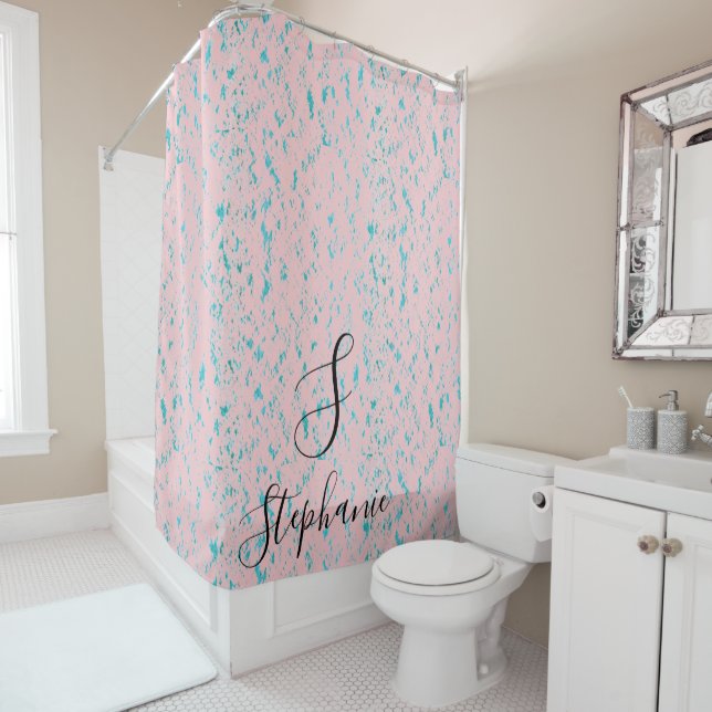 Teal Blue Artsy Patterns Monograms Name Blush Pink (In Situ)