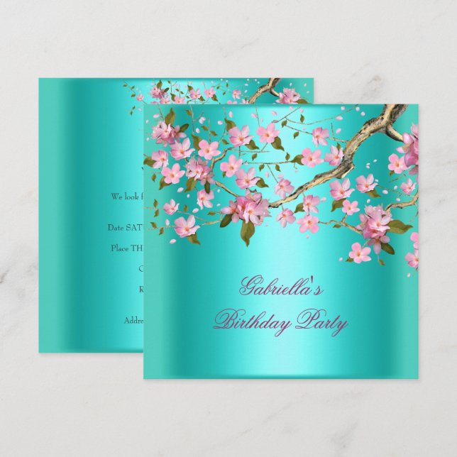 Teal Blue Asian Floral Birthday Party Invitation (Front/Back)