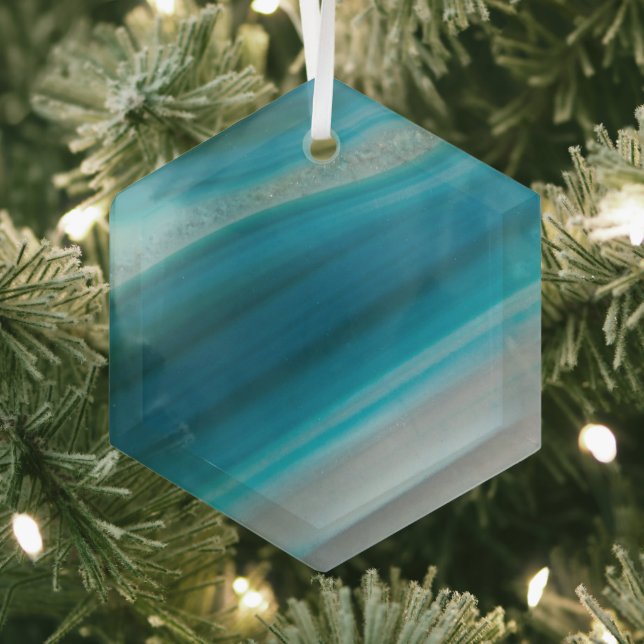 Teal Blue Banded Agate Pattern Glass Ornament (Insitu)