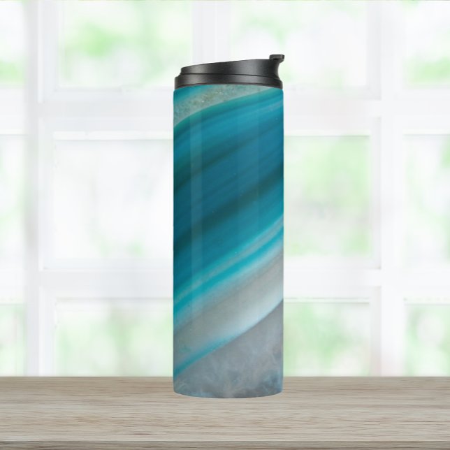 Teal Blue Banded Agate Pattern Thermal Tumbler (In Situ)