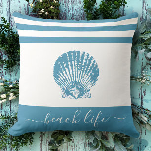 Teal blue beach life script seashell modern chic throw pillow