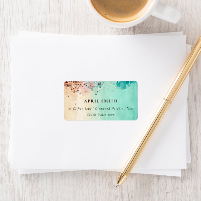 TEAL BLUE BEACH SAND ROCK WATERCOLOR ADDRESS  LABEL (Insitu)