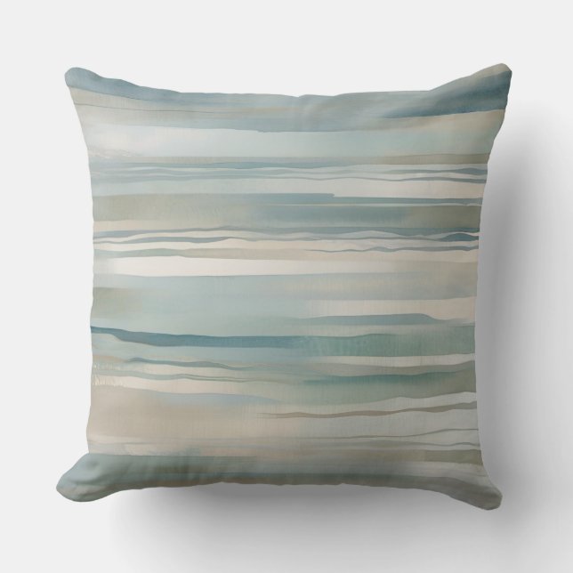 Teal Blue Beige Aqua Ivory Coastal Stripe Throw Pillow (Front)