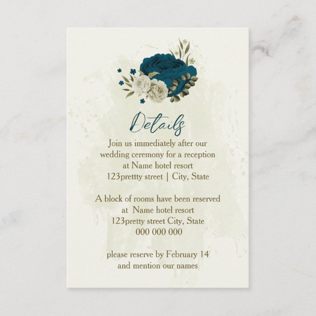 teal blue beige botanical wedding details enclosure card (Front)