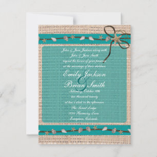 Teal blue beige burlap seashell wedding invitation