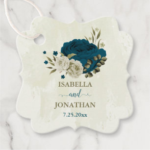 teal blue beige floral botanical wedding favour tags