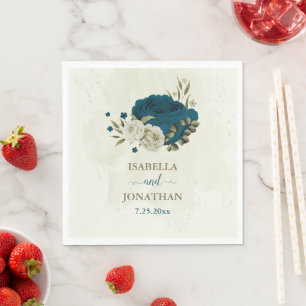 teal blue beige floral botanical wedding napkin
