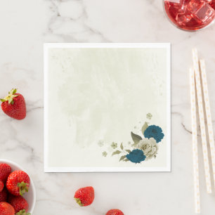 teal blue beige floral botanical wedding napkin