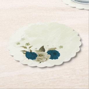 teal blue beige floral botanical wedding paper coaster