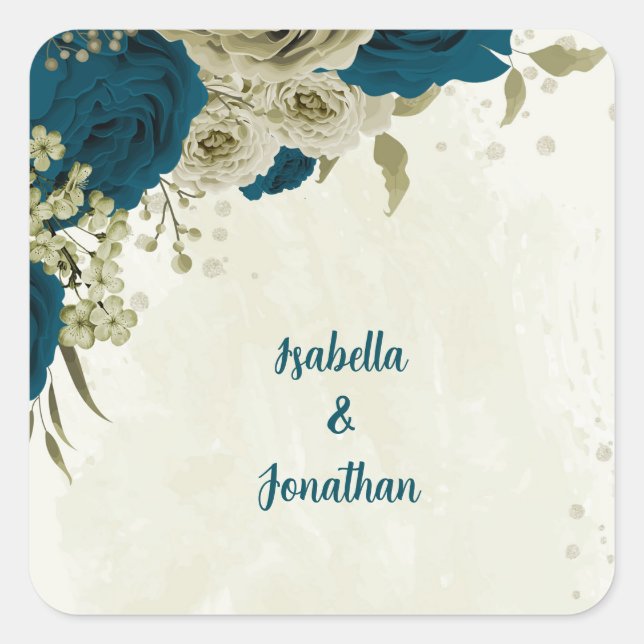 teal blue beige floral botanical wedding square sticker (Front)