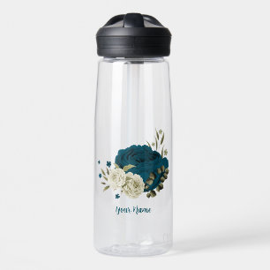 teal blue beige floral botanical wedding water bottle