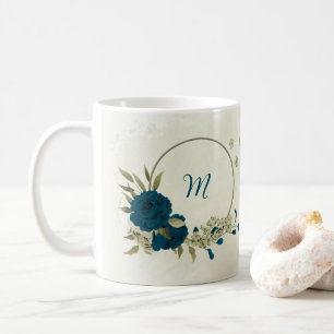 teal blue beige floral  coffee mug