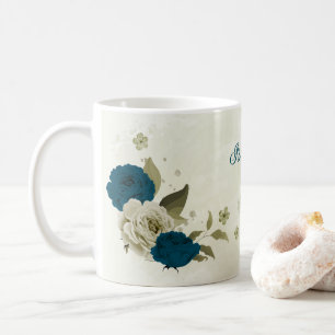 teal blue beige floral  coffee mug