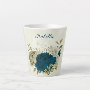 teal blue beige floral  latte mug