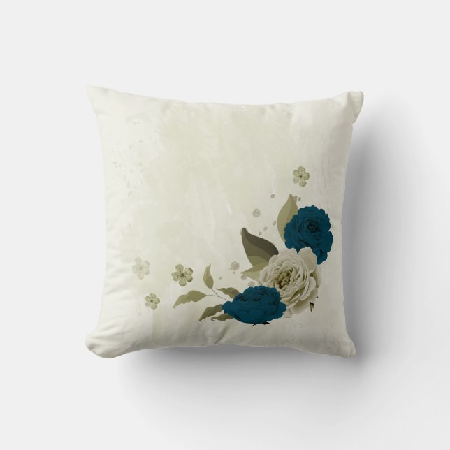 teal blue beige floral throw pillow (Front)