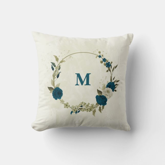 teal blue beige floral throw pillow (Front)