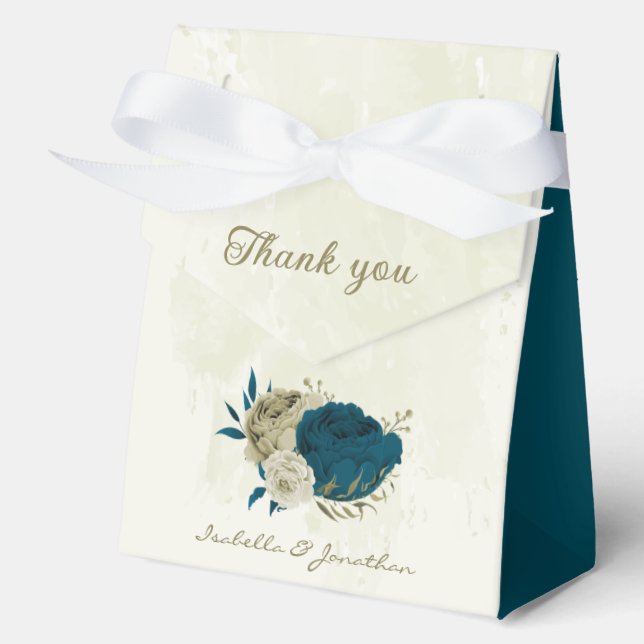 teal blue beige floral wedding  favor box (Front)