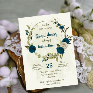 teal blue beige flowers botanical bridal shower invitation