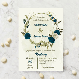teal blue beige flowers botanical wedding invitation
