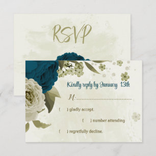 teal blue beige flowers botanical wedding RSVP card