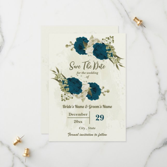 teal blue beige flowers botanical wedding save the date (Front/Back In Situ)