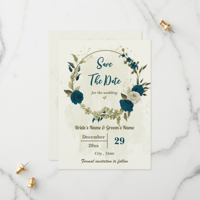 teal blue beige flowers botanical wedding save the date (Front/Back In Situ)