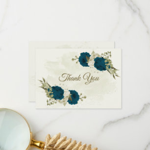teal blue beige flowers botanical wedding thank you card
