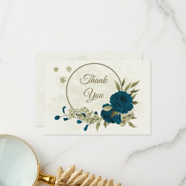 teal blue beige flowers botanical wedding thank you card (Front/Back In Situ)