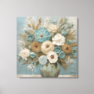 Teal Blue Beige Sage Cream Floral Canvas Print