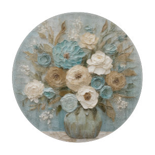 Teal Blue Beige Sage Cream Floral Cutting Board