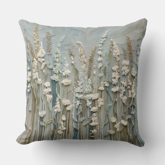 Teal Blue Beige White Wildflower Throw Pillow (Front)