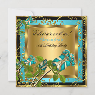 Teal Blue Birthday Party Gold Floral Black Rose Invitation