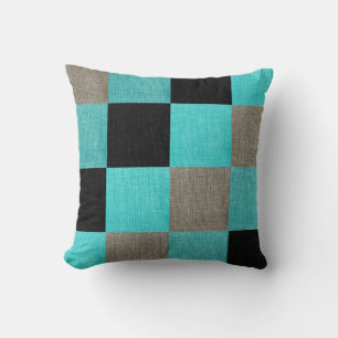Teal Blue, Black and Grey Square Pattern Throw Pillow
