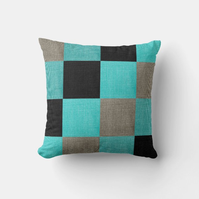 Teal Blue, Black and Grey Square Pattern Throw Pillow (Front)