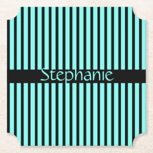 Teal Blue Black Baby Shower Custom Name Stripes Paper Coaster