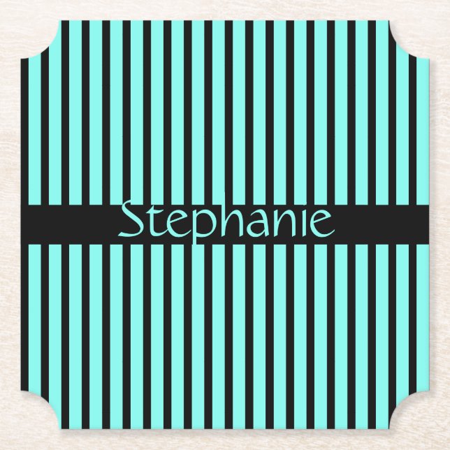 Teal Blue Black Baby Shower Custom Name Stripes Paper Coaster (Front)