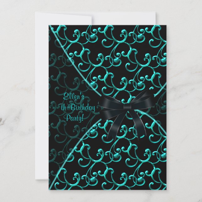 Teal Blue Black Birthday Party Invitation Template (Front)